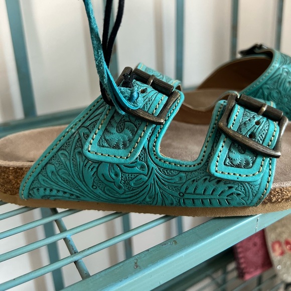 New Turquoise Myra Bag Hand Tooled Genuine Leather Summer Sandal Sunflower - Picture 16 of 16
